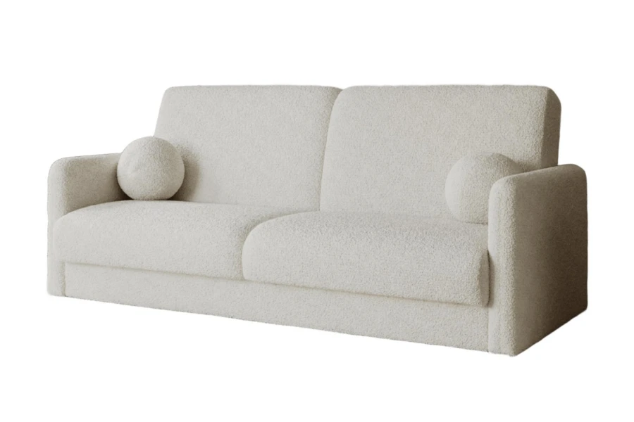 Hellbeiges Bouclé-Sofa, moderner 2-Sitzer mit flauschigem Stoff.