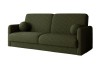 Modernes grünes Sofa aus strukturiertem Bouclé mit zwei runden Kissen, freigestellt.