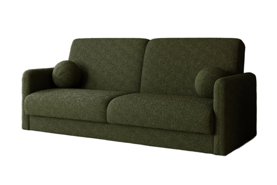 Modernes grünes Sofa aus strukturiertem Bouclé mit zwei runden Kissen, freigestellt.