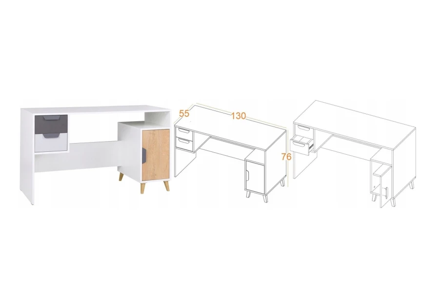 Schreibtisch mit Maßen: 130x55x76 cm, inklusive Schubladen und Tür.