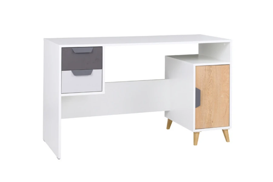 Moderner weißer Schreibtisch mit grauen Schubladen und Holz-Elementen.
