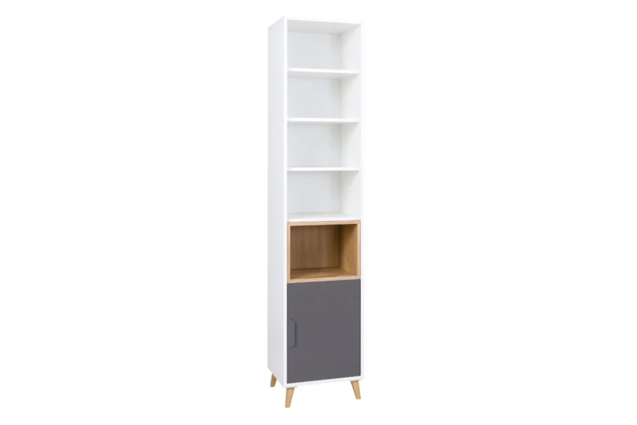 Schmales Bücherregal im skandinavischen Stil mit grauer Tür und Holzoptik-Fach.