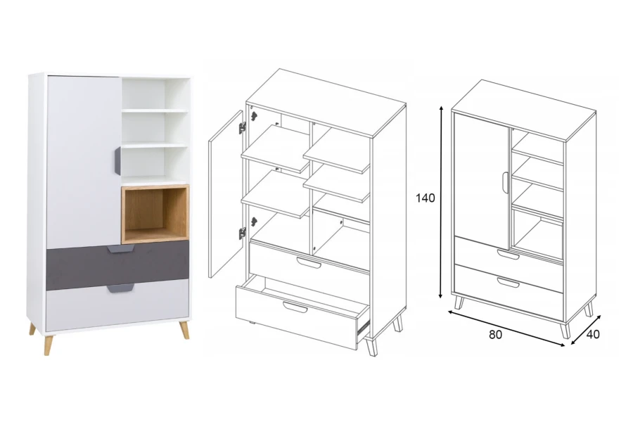 Sideboard mit Tür, Schubladen und offenen Fächern, Maße 140x80x40 cm.