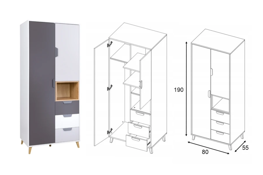 Maßzeichnung für Justin Kleiderschrank: Abmessungen 80x190x55 cm und Innenansicht.