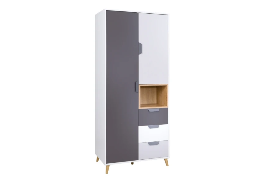 Moderner Kleiderschrank in Weiß und Grau mit Holzfüßen und offenem Fach.