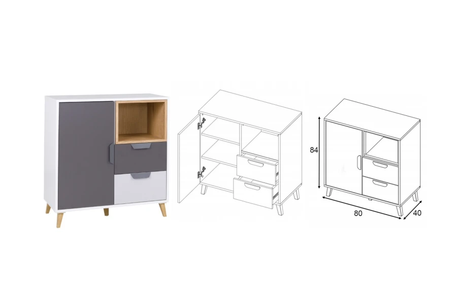 Sideboard in Weiß und Grau mit Holzfüßen und Maßen 84x80x40 cm.