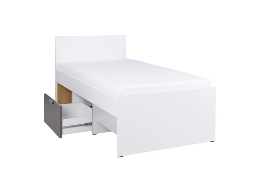 Weißes Jugendbett mit Matratze und ausziehbarer Bettschublade in Grau.