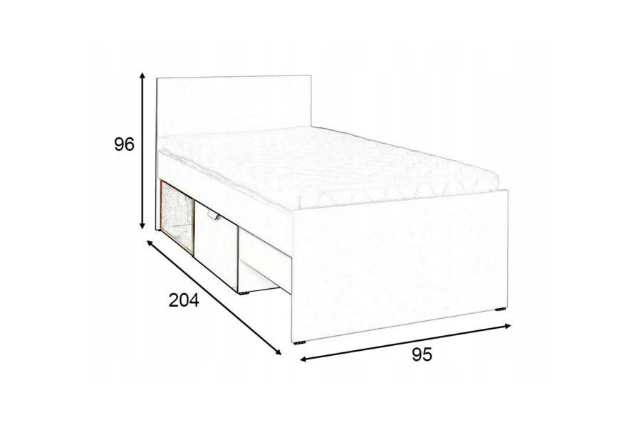 Technische Zeichnung eines Einzelbettes mit Maßen 96x204x95 cm und Stauraum.