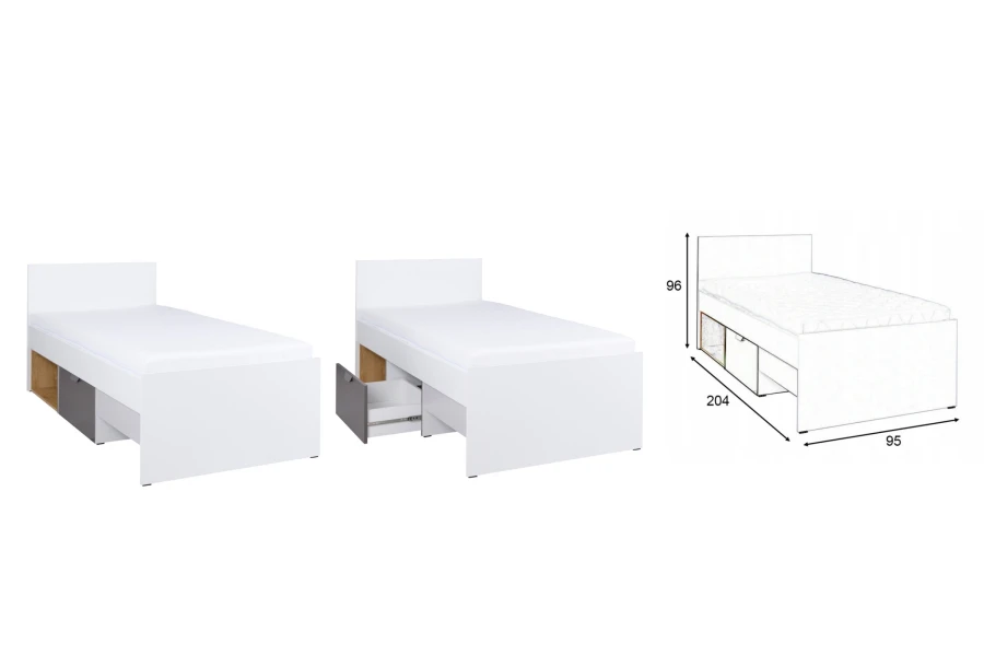 Weißes Jugendbett Justin mit Schublade und Maßen 90x200 cm für das Kinderzimmer.