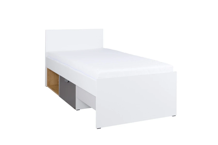 Modernes Einzelbett Justin in Weiß mit grauem Bettkasten und Regalfach in Eiche-Optik.