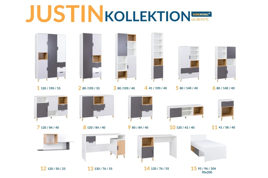 Übersicht der Justin Kollektion mit Kleiderschränken, Sideboards und Schreibtischen.