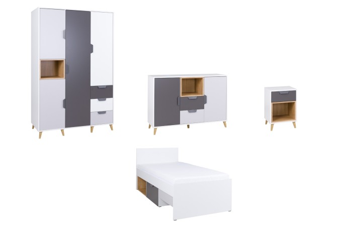 Möbelset der Justin Kollektion in Weiß-Grau mit Kleiderschrank, Sideboard, Nachtschrank und Bett.