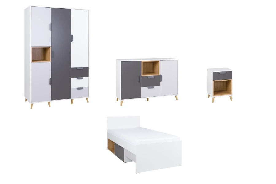 Möbelset der Justin Kollektion in Weiß-Grau mit Kleiderschrank, Sideboard, Nachtschrank und Bett.