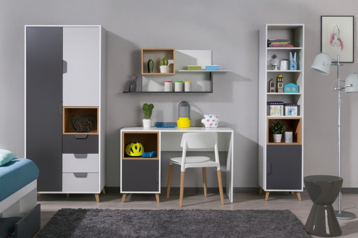 Modernes Jugendzimmer-Set in Weiß und Grau mit Schreibtisch, Schrank und Regalen für ein stilvolles Zimmer.