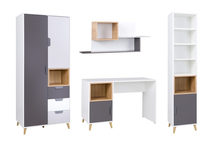 Vierteilige Möbelkombination für Kinder- oder Jugendzimmer in modernem Weiß-Grau-Design.