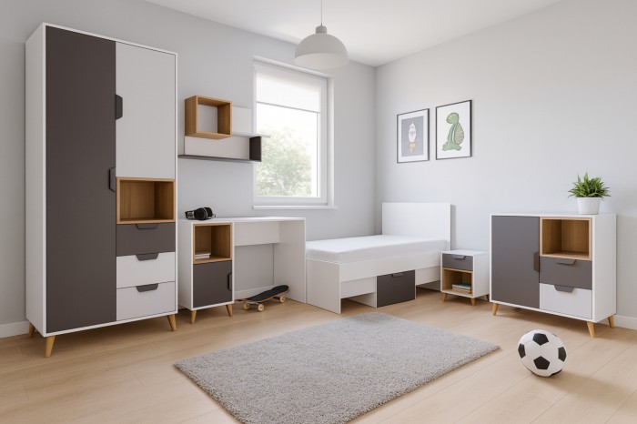 Skandinavisches Jugendzimmer mit weißem Bett, Schreibtisch und Kommode in Grau-Holz-Optik.