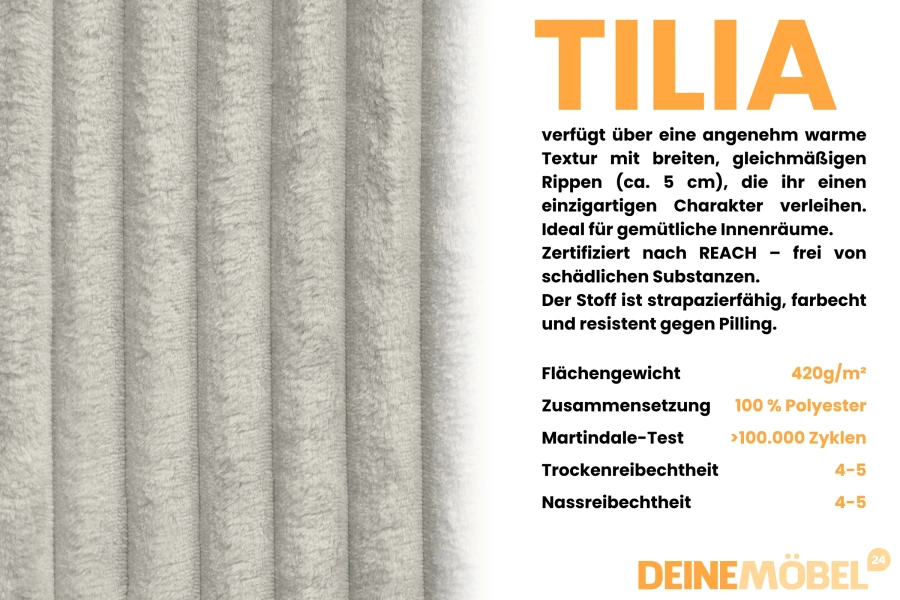 Productdetails over de Tilia-stof: Slijtvast materiaal in corduroy-look voor gestoffeerde meubels.