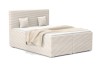 Modern gestoffeerd bed in ecru met corduroy-stof, hoog hoofdbord en gezellige kussens.