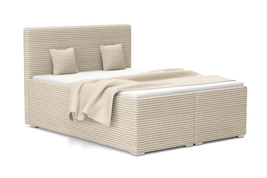 Modern tweepersoonsbed in beige met hoogwaardige corduroy-bekleding en bijpassende sierkussens.