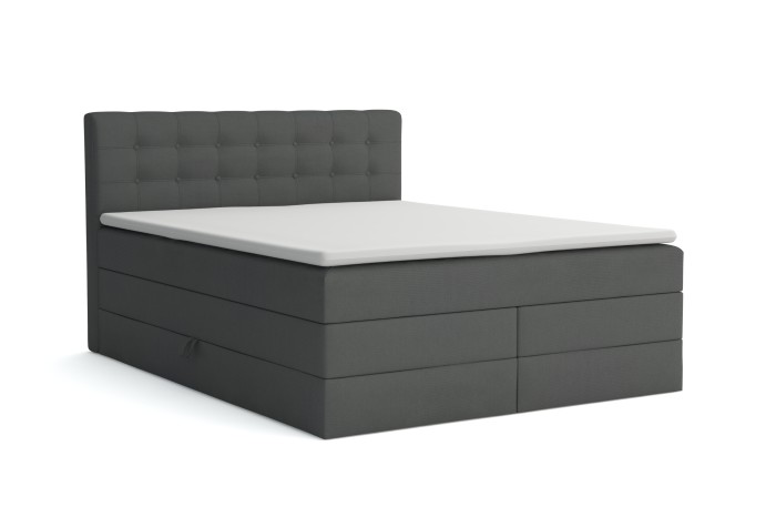 Modernes Boxspringbett SANTE in Dunkelgrau mit gepolstertem Kopfteil, isoliert auf Weiß.