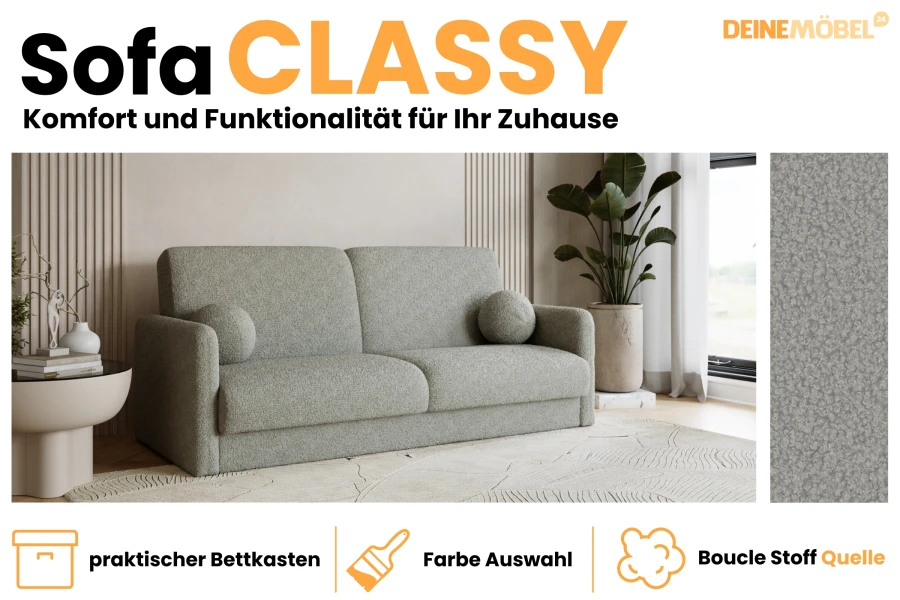 Modernes Sofa CLASSY in Grau mit Bouclé-Bezug und praktischem Bettkasten für das Wohnzimmer.