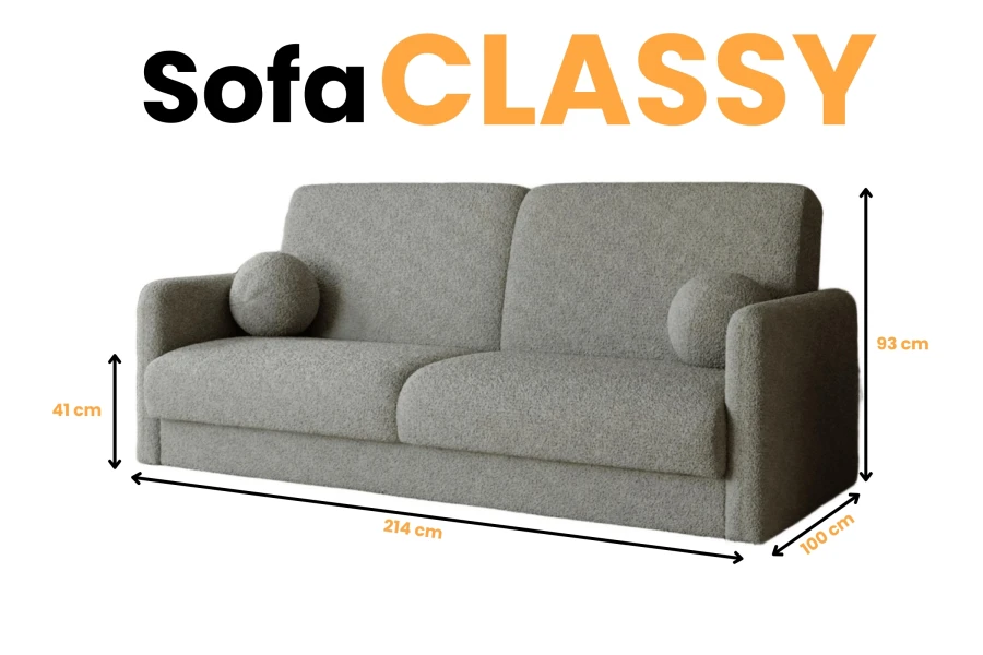 Abmessungen von Sofa CLASSY: Breite 214 cm, Tiefe 100 cm und Sitzhöhe 41 cm im Überblick.