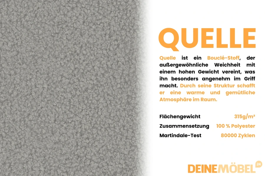 Nahaufnahme Bouclé-Stoff Quelle in Grau mit Materialdetails und technischen Eigenschaften.