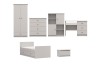 Modernes Kinderzimmer-Set in Hellgrau mit Schrank, Bettgestell und Schreibtisch.