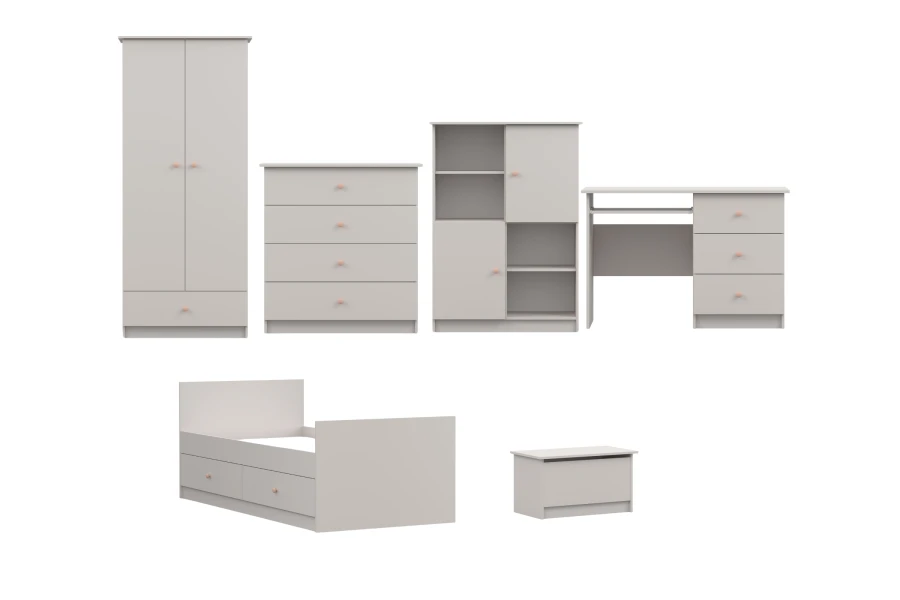 Beige meubelset voor de kinderkamer bestaande uit een eenpersoonsbed, kast en opbergruimte.