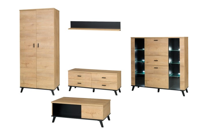 Liam Möbel-Set in Eichenoptik: Kleiderschrank, Sideboard, TV-Lowboard und Couchtisch für das Wohnzimmer.