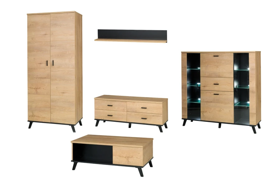 Liam Möbel-Set in Eichenoptik: Kleiderschrank, Sideboard, TV-Lowboard und Couchtisch für das Wohnzimmer.