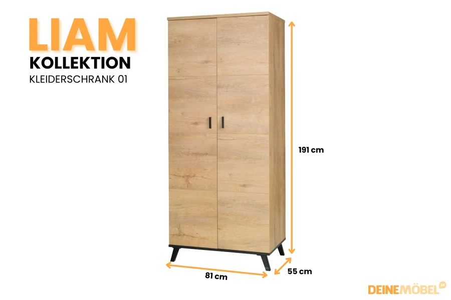Liam Kleiderschrank 01 in Eichenoptik mit Maßen: 191 cm hoch, 81 cm breit, 55 cm tief.