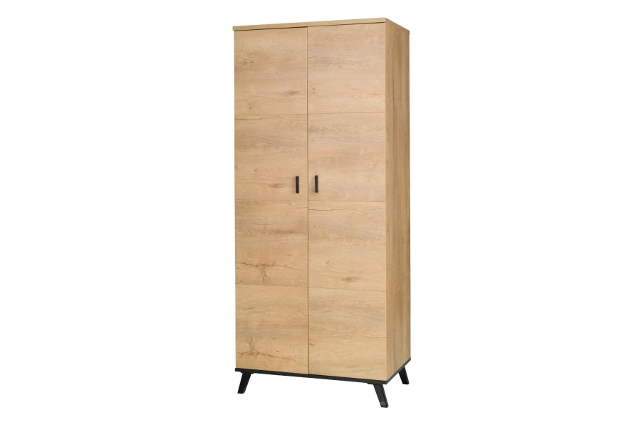 Moderner Kleiderschrank in Eichenoptik mit zwei Türen und schwarzen Füßen aus der Liam Kollektion.
