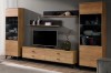 Komplettes Wohnwand-Set in Eichenoptik und Schwarz mit TV-Board, Vitrinen und Wandregalen.