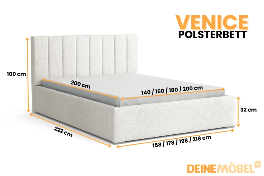 Venice Polsterbett Maße: Elegantes weißes Bett mit gepolstertem Kopfteil für das Schlafzimmer.