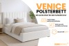 Stilvolles Venice Polsterbett in Weiß mit Bouclé-Stoff und zwei praktischen Bettkästen für Komfort.