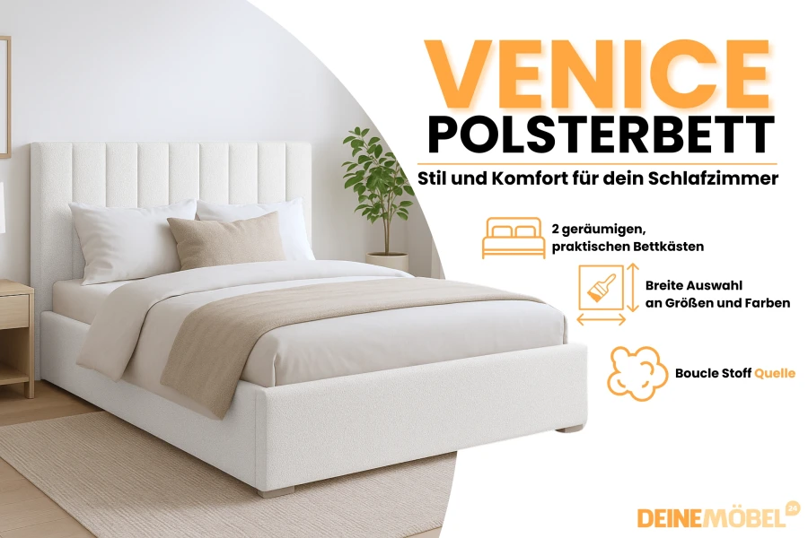 Stilvolles Venice Polsterbett in Weiß mit Bouclé-Stoff und zwei praktischen Bettkästen für Komfort.
