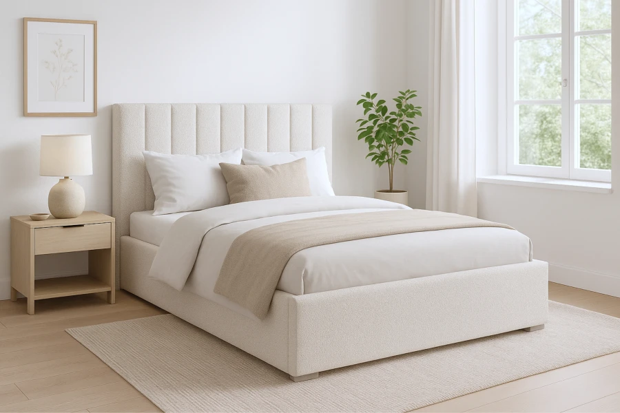 Gemütliches Schlafzimmer-Ambiente mit stilvollem Polsterbett und minimalistischer Deko.