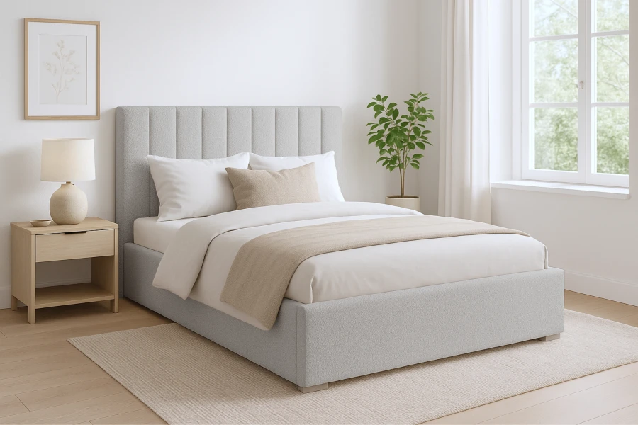 Modernes Schlafzimmer mit hellgrauem Polsterbett, hellem Nachttisch und Teppich