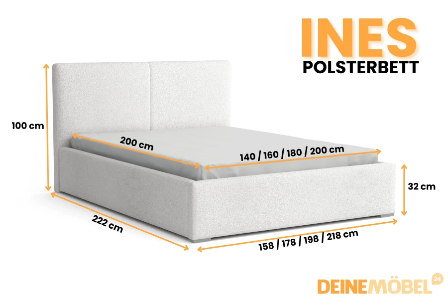 Abmessungen des Polsterbetts Ines: Übersicht der verschiedenen verfügbaren Größen.