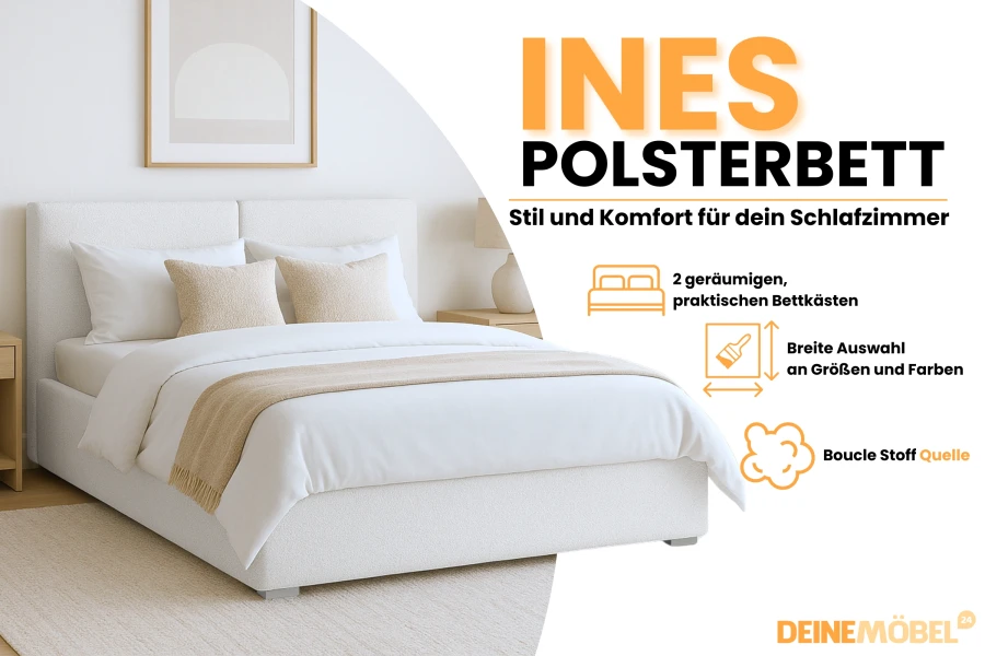 Produktvorteile des Polsterbetts Ines: Komfort, Stauraum und Bouclé-Gewebe.