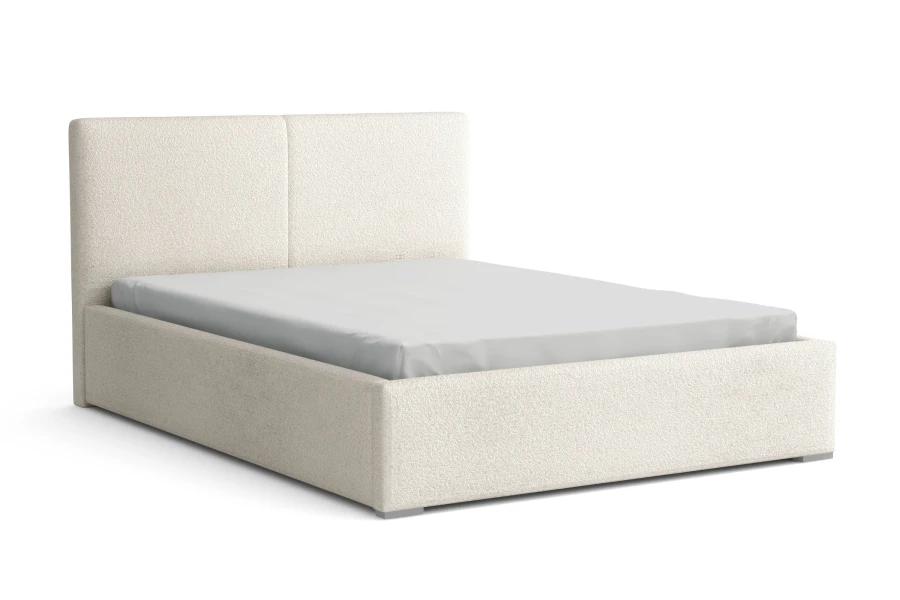 Minimalistisches Polsterbett mit hellem Bouclé-Bezug und hohem Kopfteil auf weißem Hintergrund.