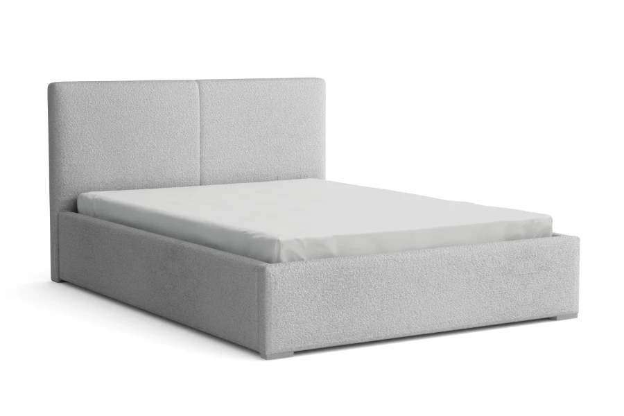 Elegantes Bett mit strukturiertem Bouclé-Stoffbezug in Weiß, Seitenansicht vor weißem Hintergrund.