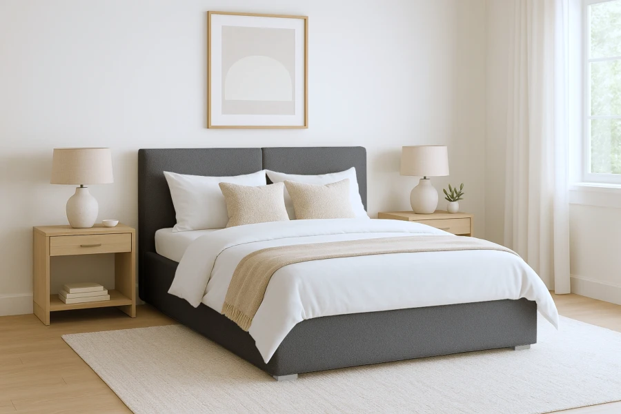 Stilvolles Polsterbett in Anthrazit im modernen Schlafzimmer mit heller Bettwäsche und Teppich.