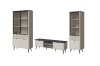 Dreiteiliges Wohnzimmer-Set in Beige mit schwarzen Akzenten und geriffelten Glasfronten.