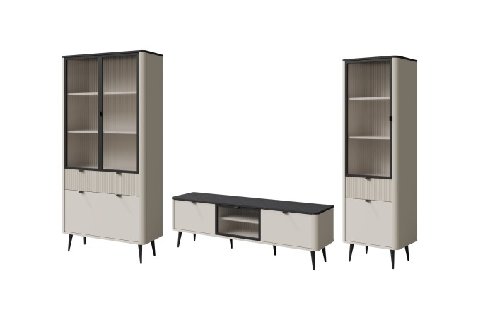 Dreiteiliges Wohnzimmer-Set in Beige mit schwarzen Akzenten und geriffelten Glasfronten.