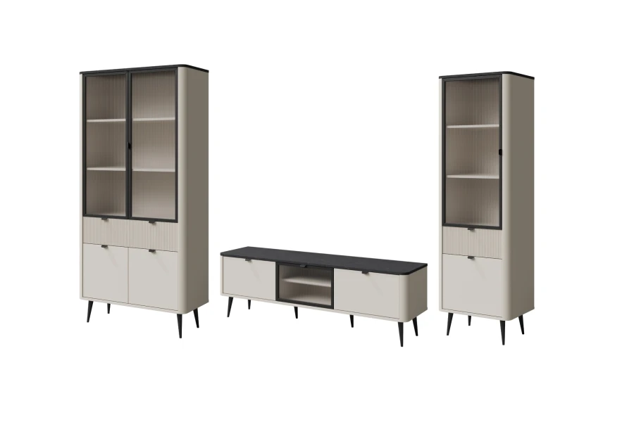 Dreiteiliges Wohnzimmer-Set in Beige mit schwarzen Akzenten und geriffelten Glasfronten.