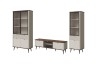 Modernes Möbel-Set für das Wohnzimmer in Beige und Holzoptik mit Glasvitrinen.