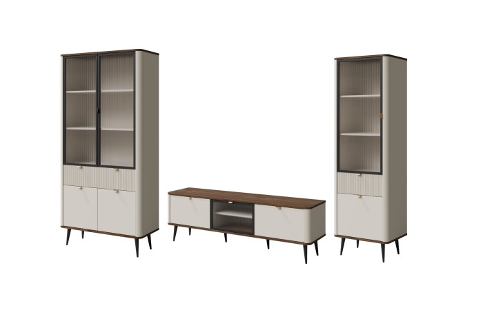 Modernes Möbel-Set für das Wohnzimmer in Beige und Holzoptik mit Glasvitrinen.