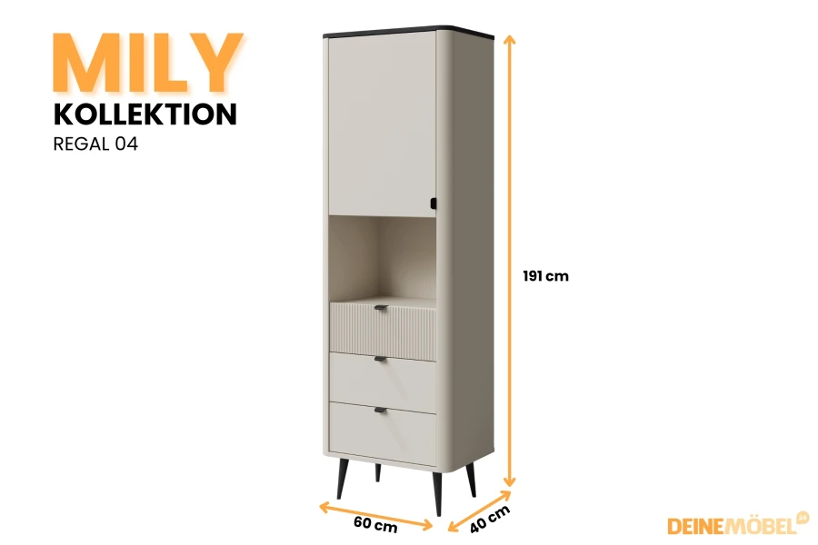 Maße für Mily Regal 04 in Beige und Schwarz: 191 cm Höhe, 60 cm Breite, 40 cm Tiefe.
